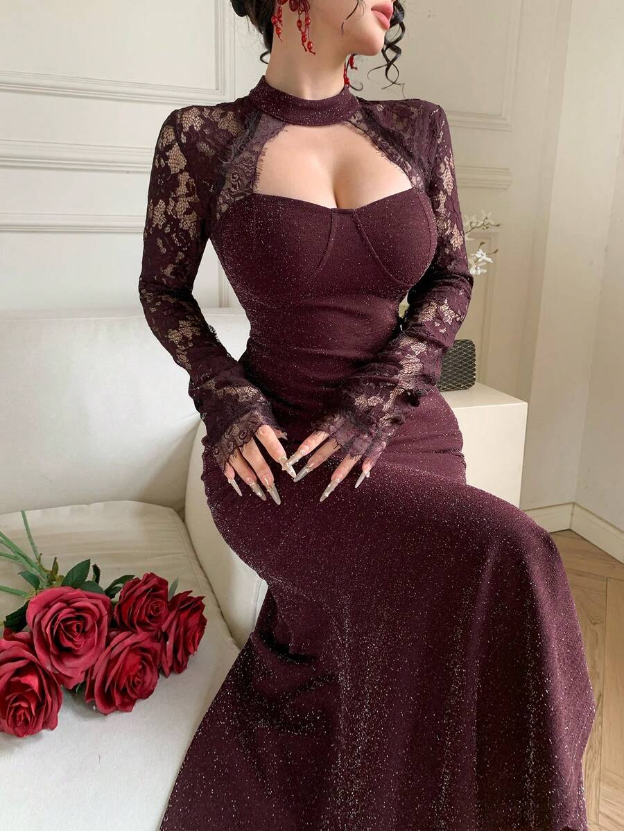 SHEIN DAZY فستان مخمل ودانتيل مرقع بأكمام طويلة بلون أحمر بنفسجي