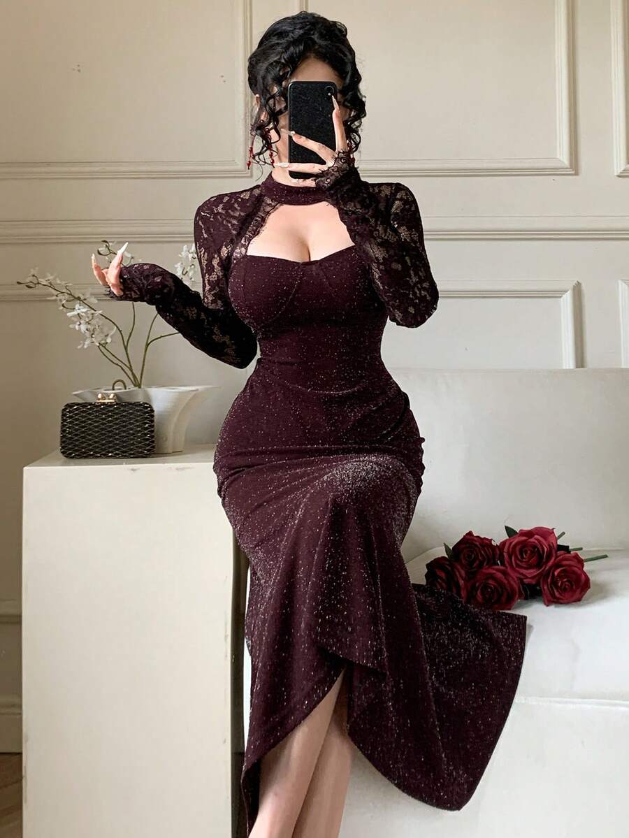 SHEIN DAZY فستان مخمل ودانتيل مرقع بأكمام طويلة بلون أحمر بنفسجي
