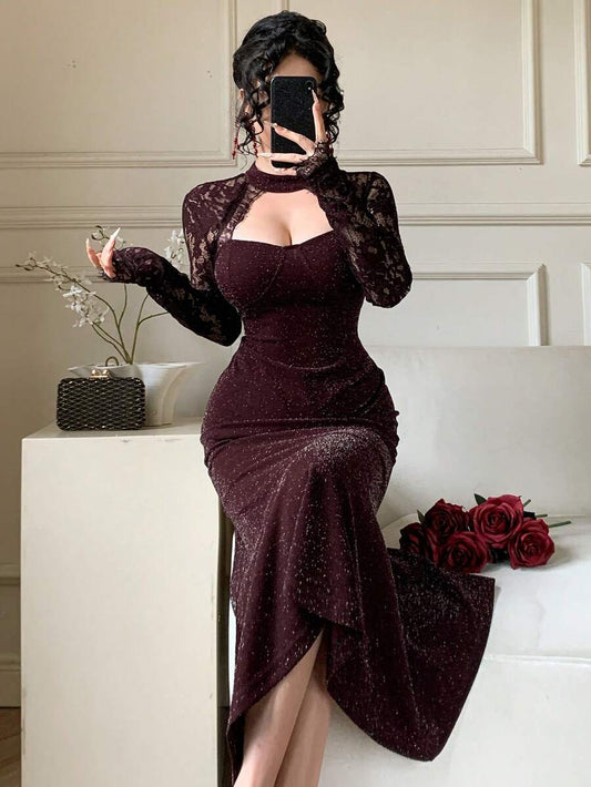 SHEIN DAZY فستان مخمل ودانتيل مرقع بأكمام طويلة بلون أحمر بنفسجي