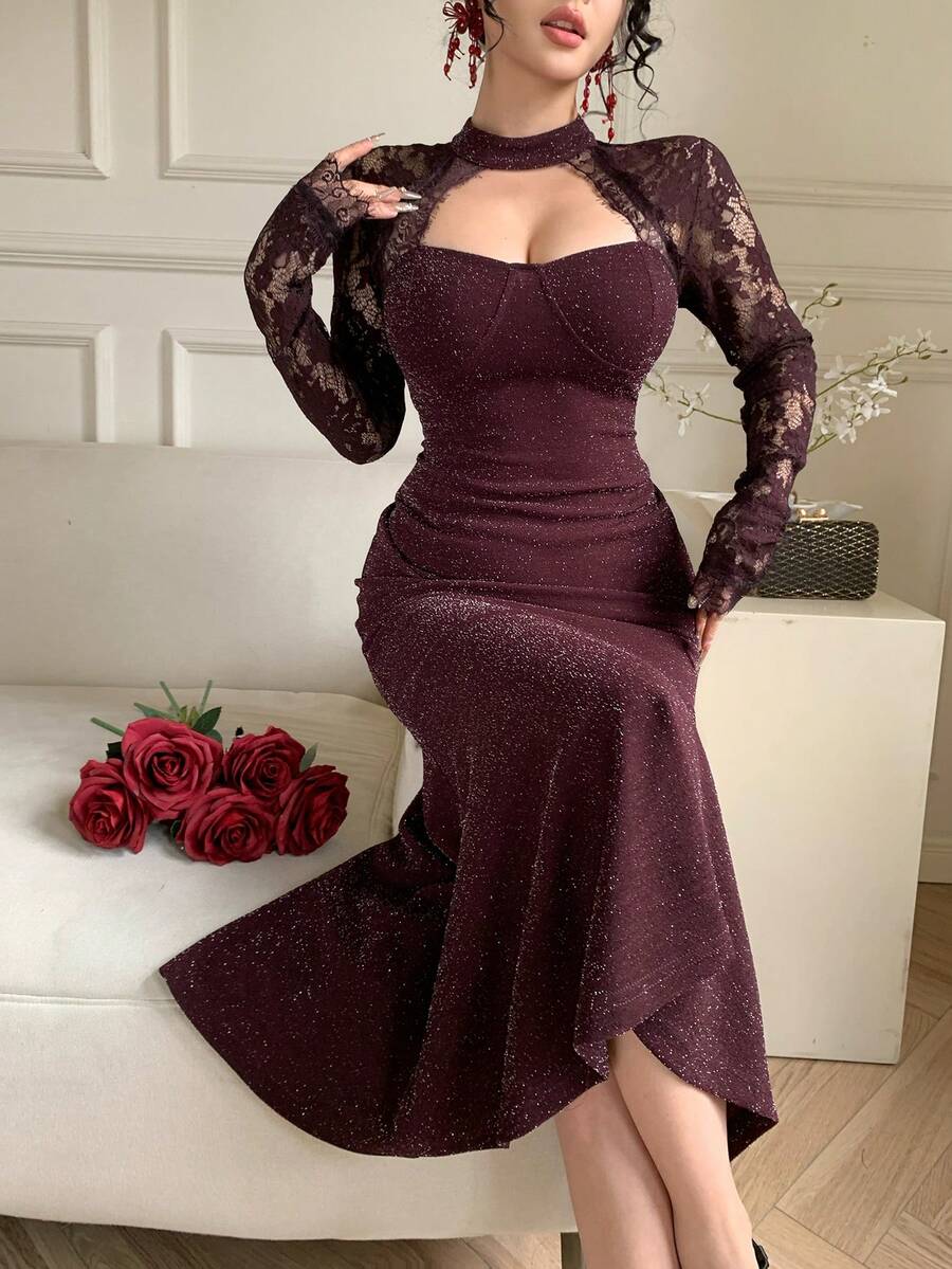 SHEIN DAZY فستان مخمل ودانتيل مرقع بأكمام طويلة بلون أحمر بنفسجي
