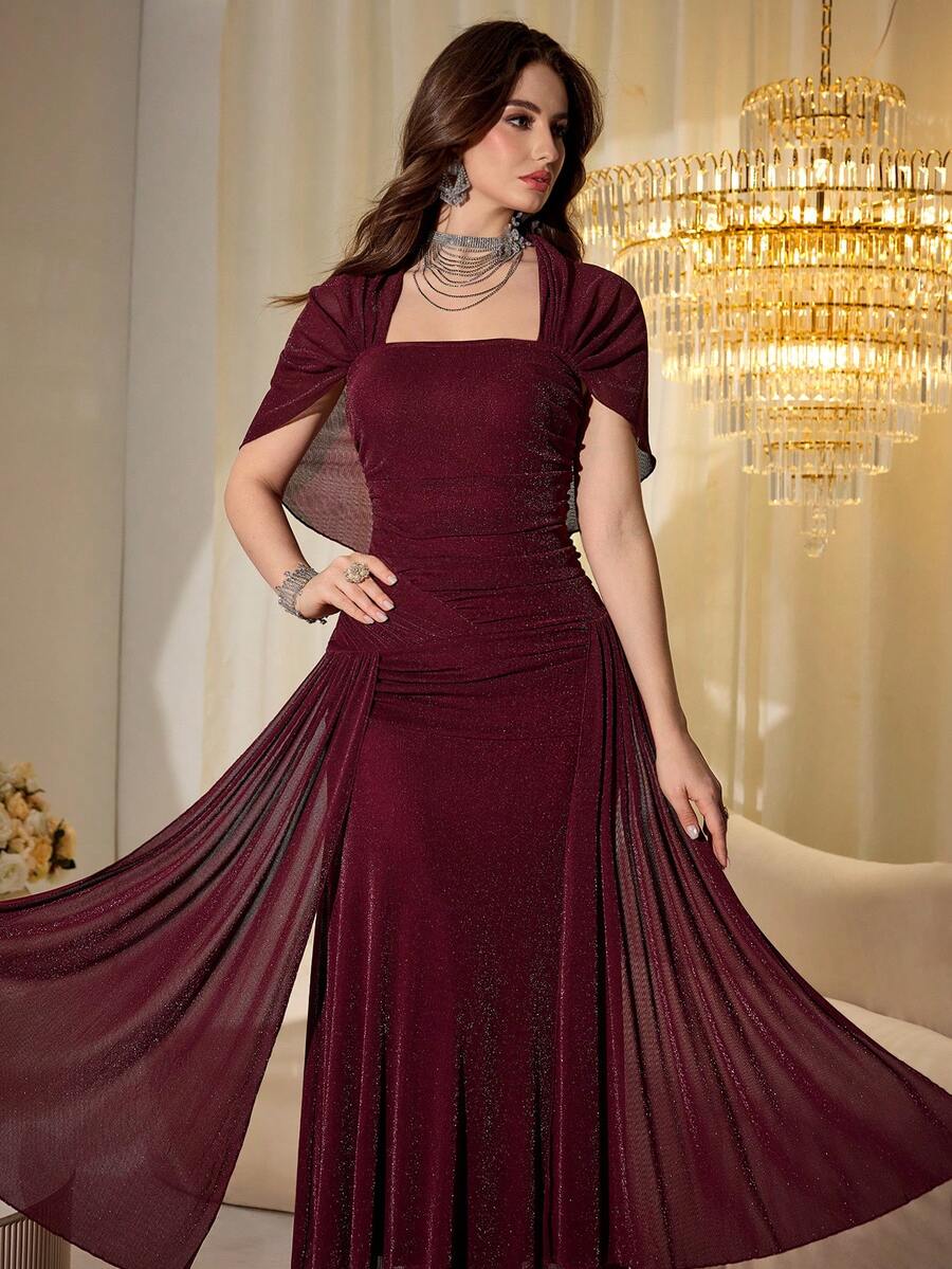 SHEIN Modelyn فستان طويل بخيوط لامعة بأكمام شال من الشبك