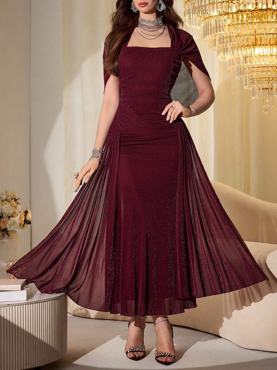 SHEIN Modelyn فستان طويل بخيوط لامعة بأكمام شال من الشبك