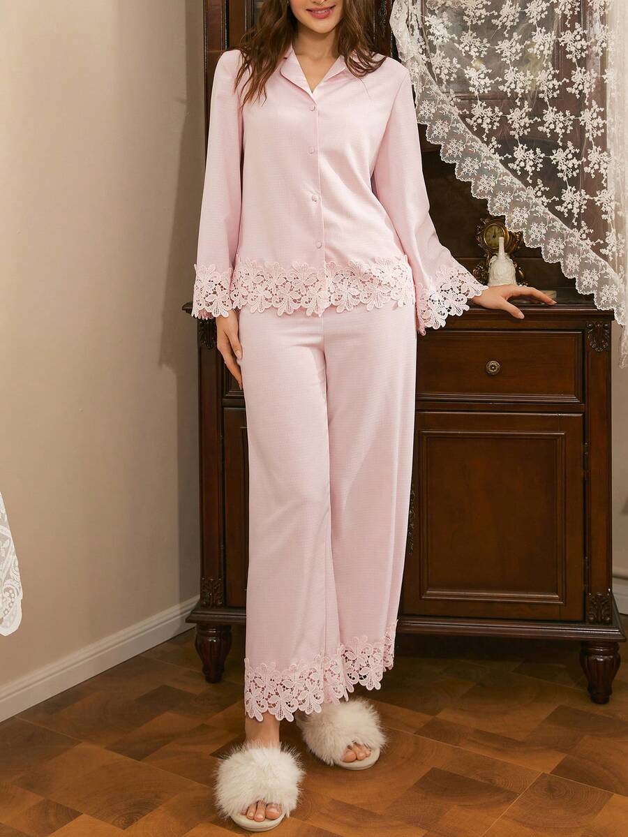 SHEIN Côtesoire طقم بيجامة وردية بفتحة أمامية وتصميم بطيات أنيق