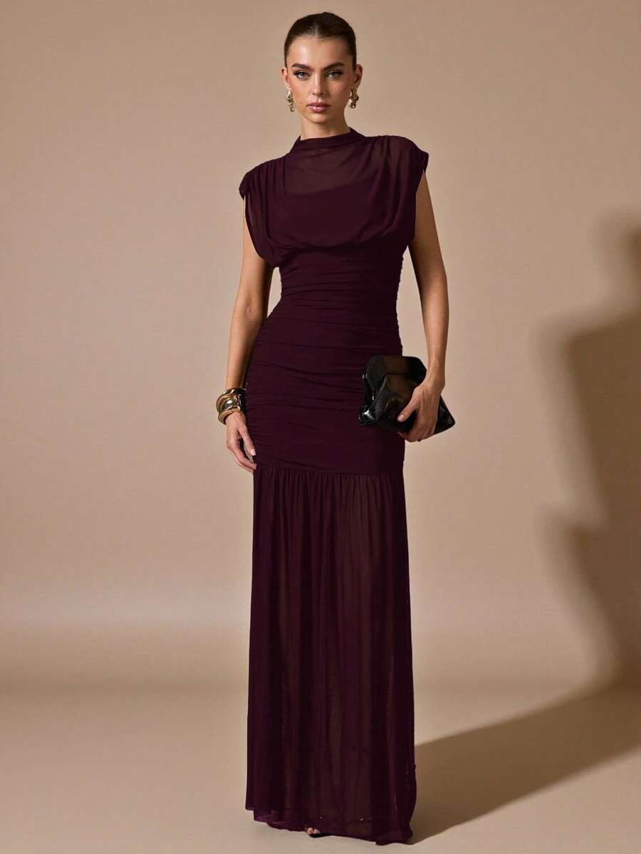 SHEIN BAE فستان شفاف مجعد طويل بلون كستنائي