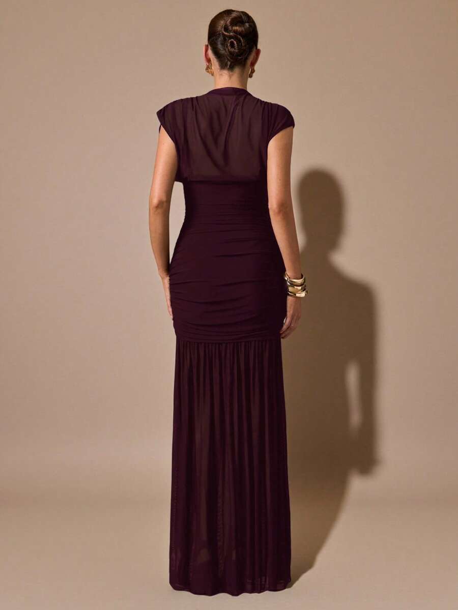 SHEIN BAE فستان شفاف مجعد طويل بلون كستنائي