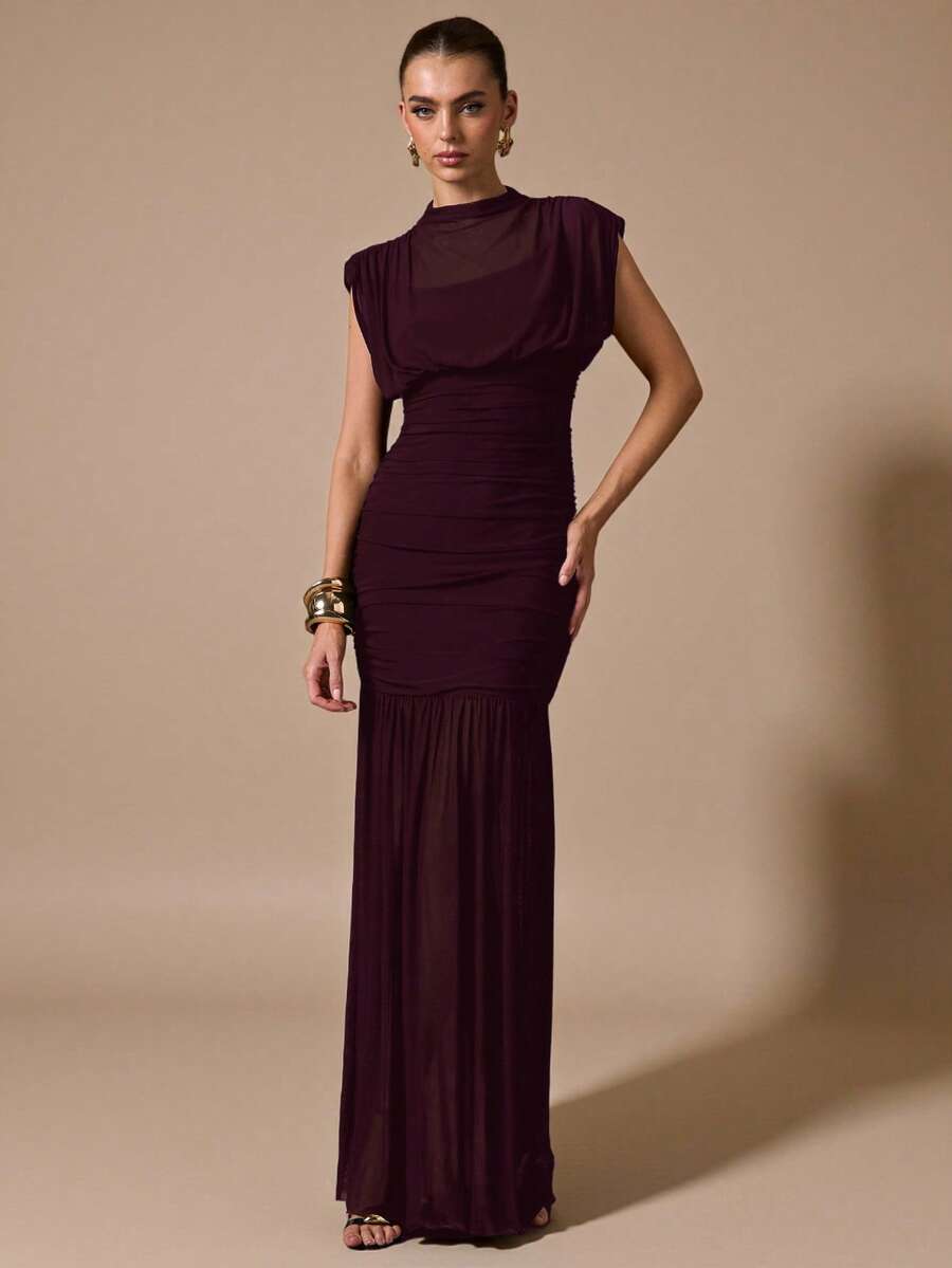 SHEIN BAE فستان شفاف مجعد طويل بلون كستنائي