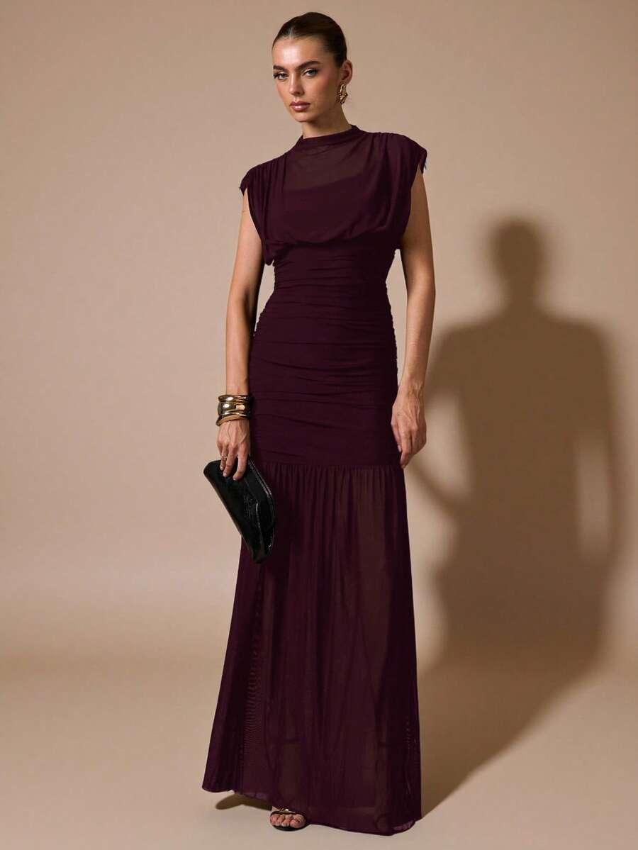 SHEIN BAE فستان شفاف مجعد طويل بلون كستنائي