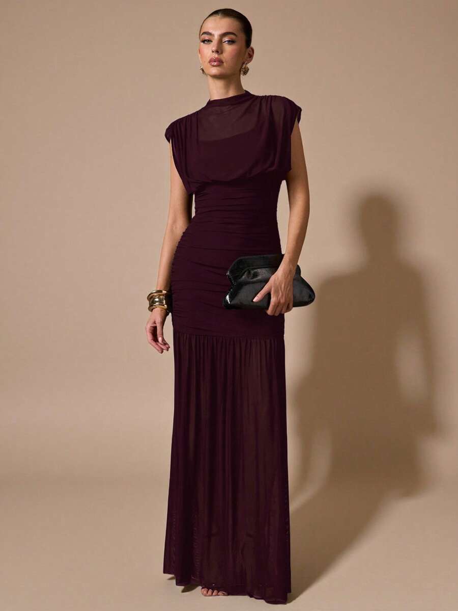 SHEIN BAE فستان شفاف مجعد طويل بلون كستنائي