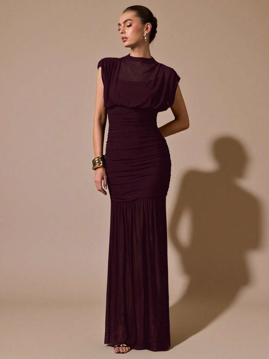 SHEIN BAE فستان شفاف مجعد طويل بلون كستنائي