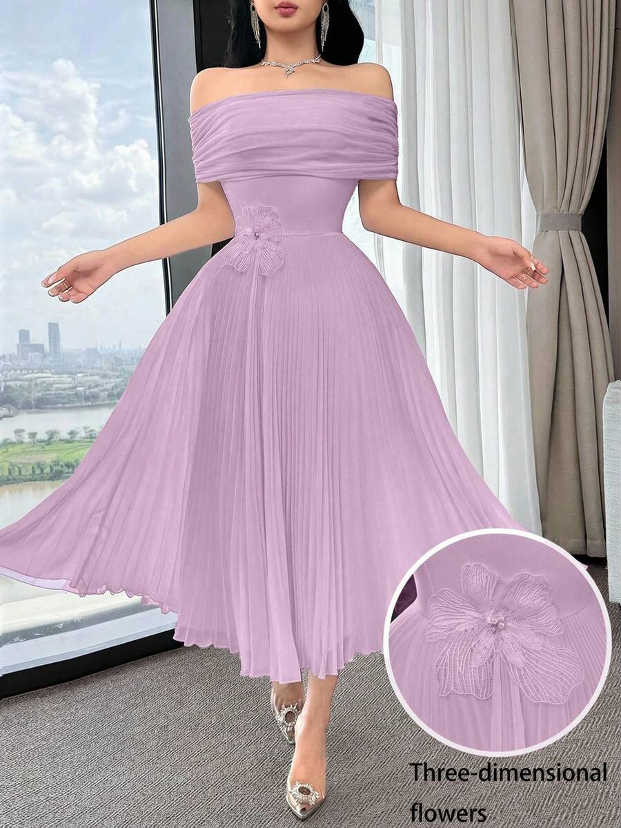 SHEIN Feyla فستان بلون أرجواني بياقة منحرفة الكتف وطيات