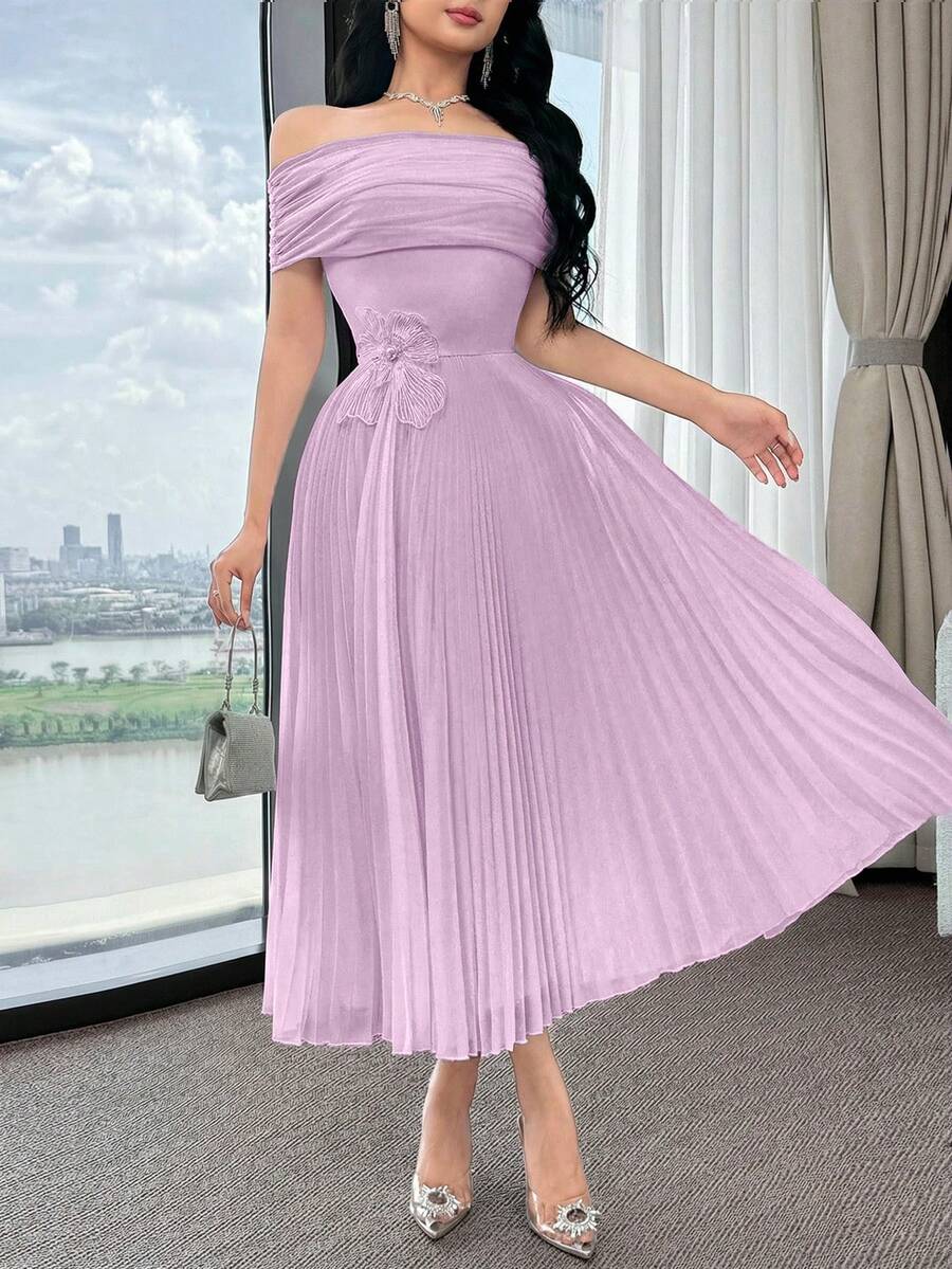 SHEIN Feyla فستان بلون أرجواني بياقة منحرفة الكتف وطيات