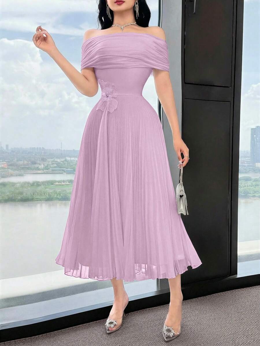 SHEIN Feyla فستان بلون أرجواني بياقة منحرفة الكتف وطيات