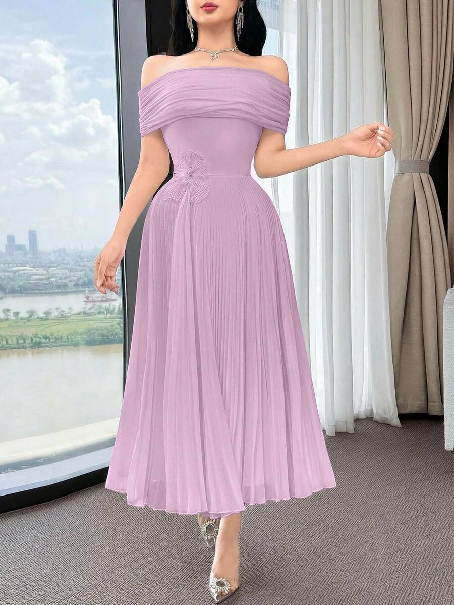 SHEIN Feyla فستان بلون أرجواني بياقة منحرفة الكتف وطيات