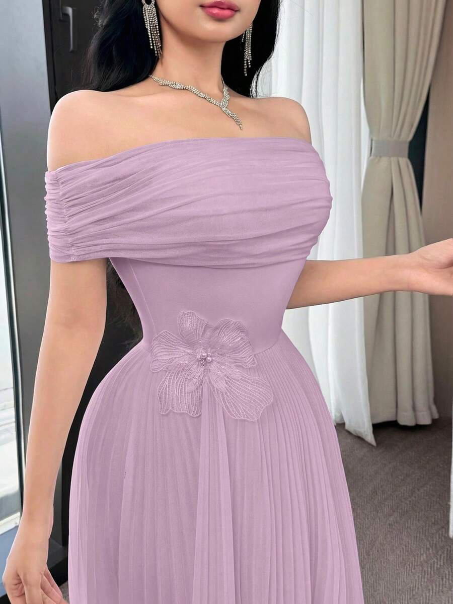 SHEIN Feyla فستان بلون أرجواني بياقة منحرفة الكتف وطيات