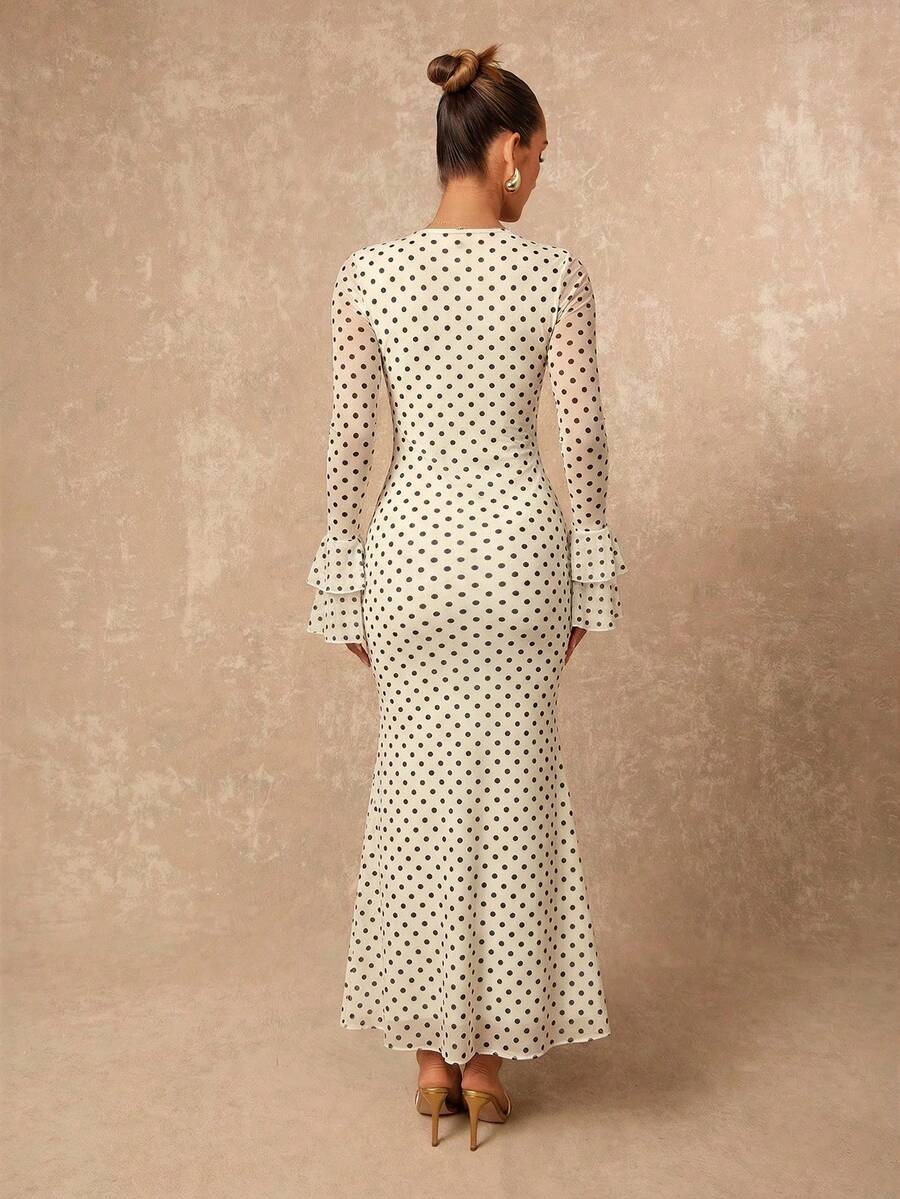 SHEIN Lumalex فستان ضيق الخصر بأكمام طويلة بنقشة بولكا بلون مشمشي