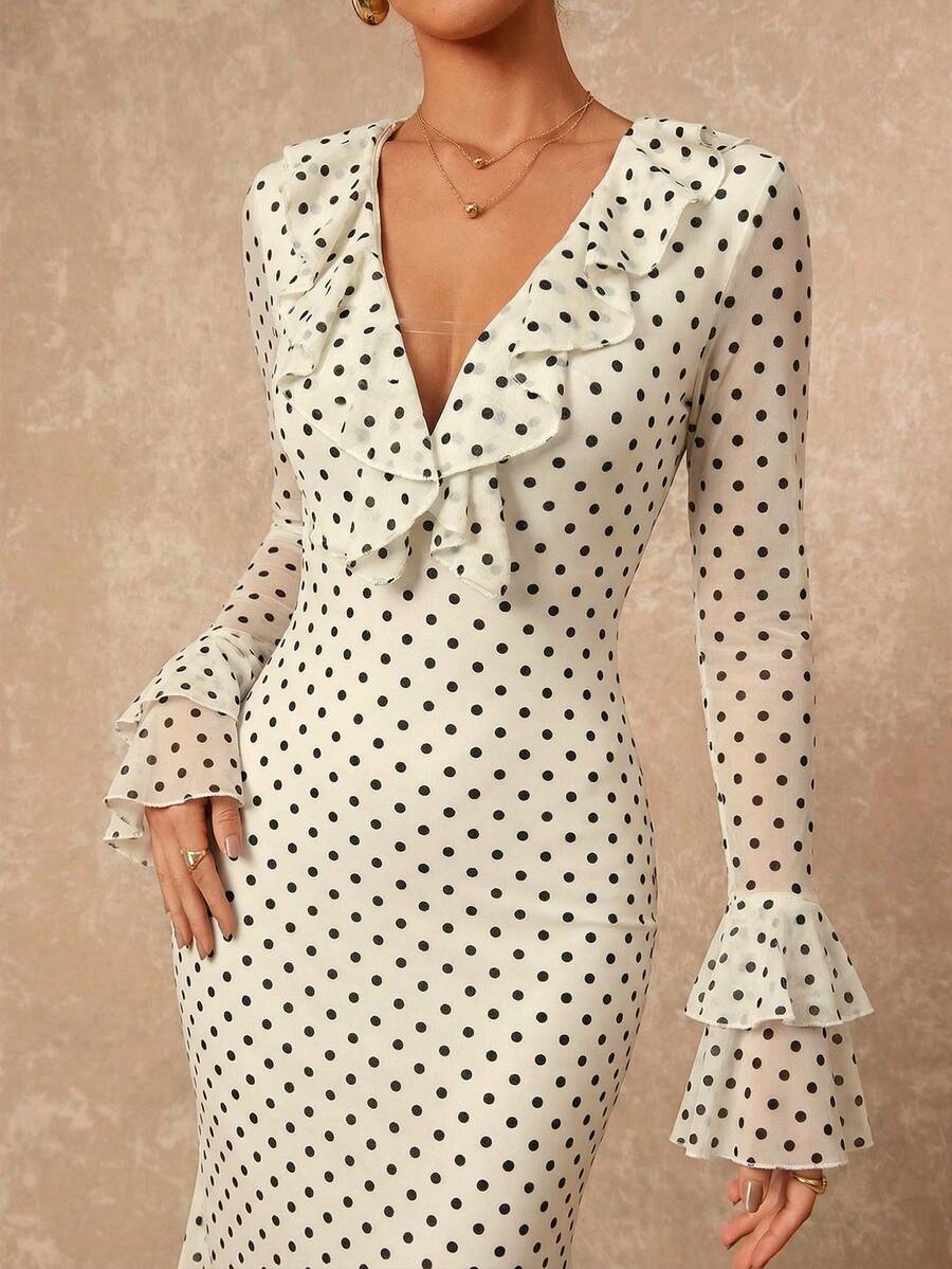 SHEIN Lumalex فستان ضيق الخصر بأكمام طويلة بنقشة بولكا بلون مشمشي