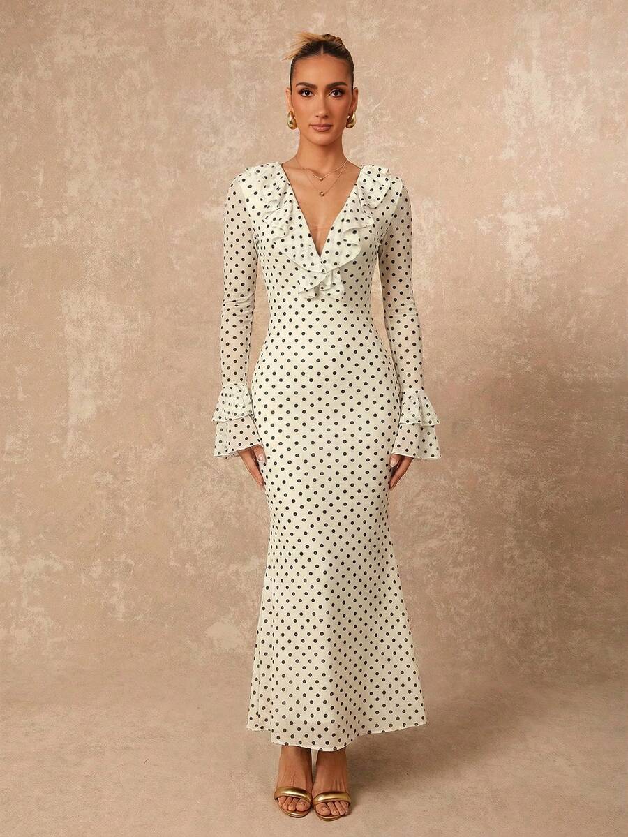 SHEIN Lumalex فستان ضيق الخصر بأكمام طويلة بنقشة بولكا بلون مشمشي