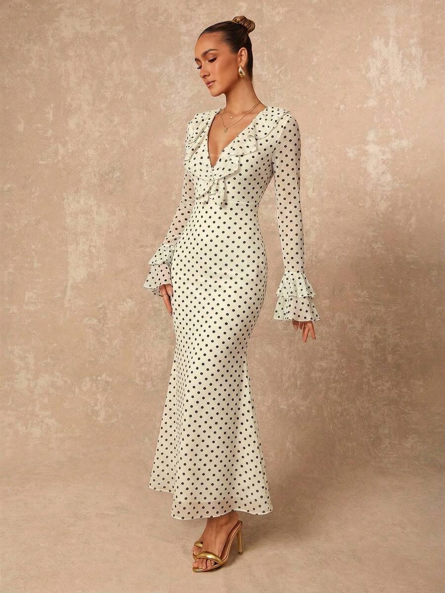 SHEIN Lumalex فستان ضيق الخصر بأكمام طويلة بنقشة بولكا بلون مشمشي