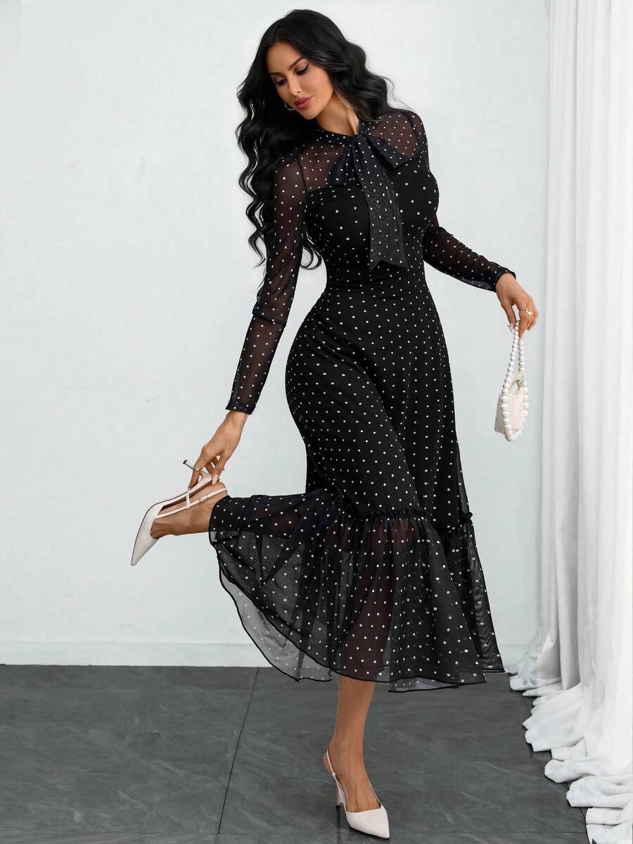 SHEIN فستان أسود أنيق بنقشة نقاط