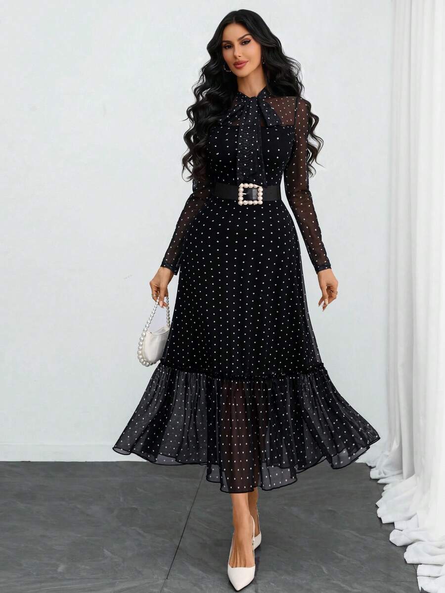SHEIN فستان أسود أنيق بنقشة نقاط
