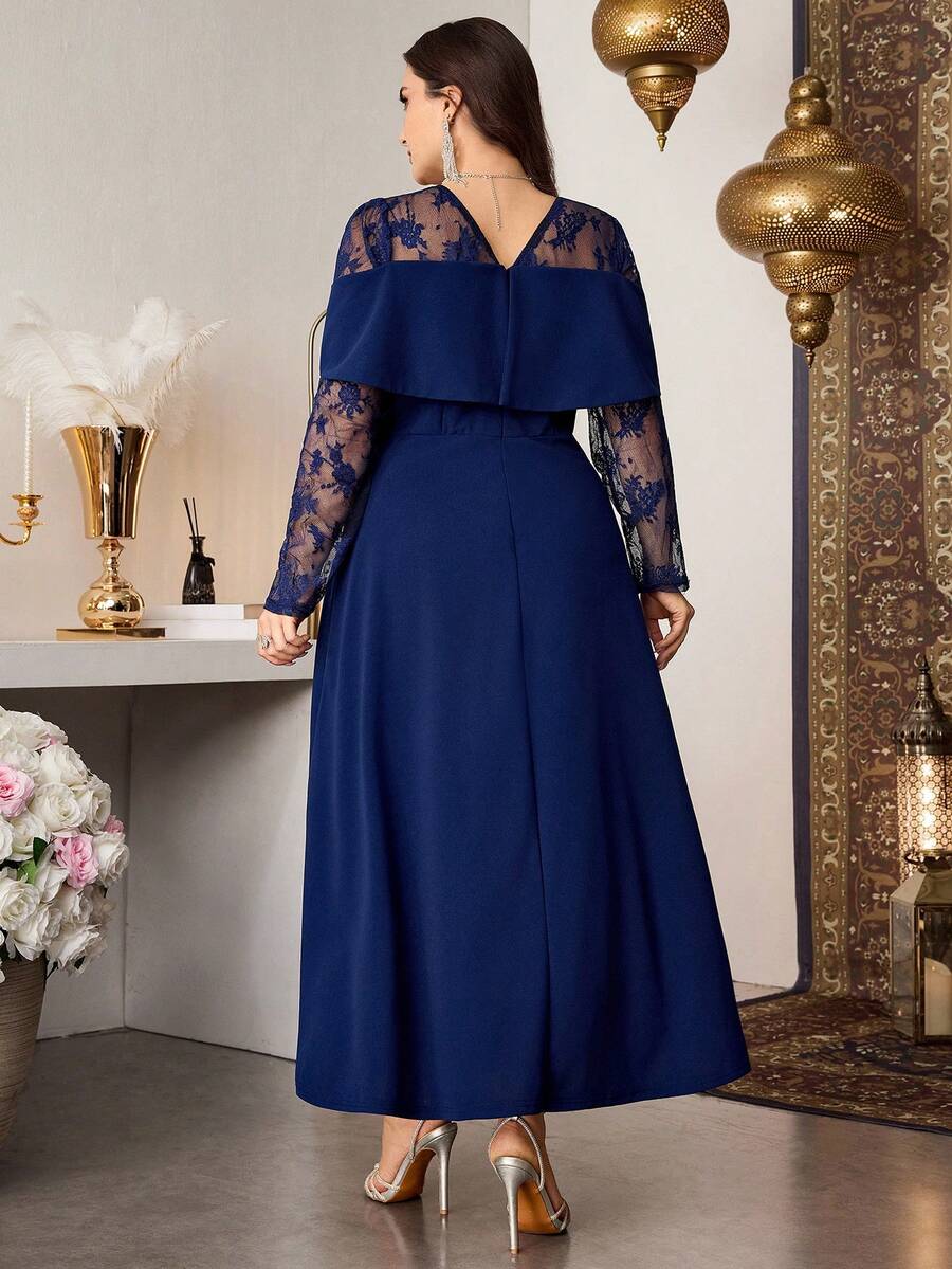 SHEIN Modelyn فستان للمقاسات الكبيرة بلون أزرق بأكمام طويلة وخصر مفصل