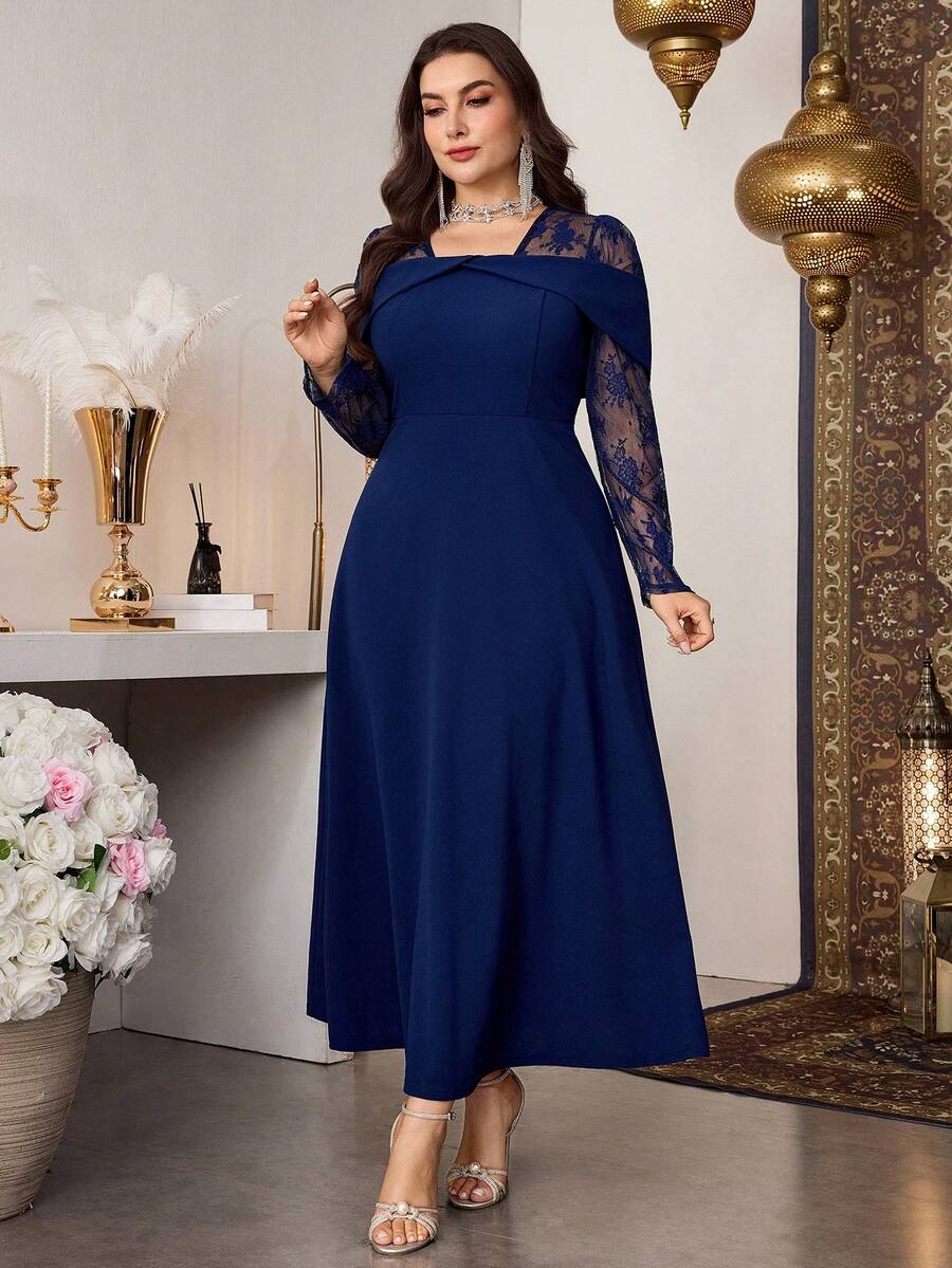 SHEIN Modelyn فستان للمقاسات الكبيرة بلون أزرق بأكمام طويلة وخصر مفصل
