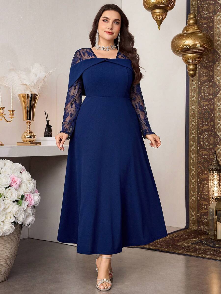 SHEIN Modelyn فستان للمقاسات الكبيرة بلون أزرق بأكمام طويلة وخصر مفصل