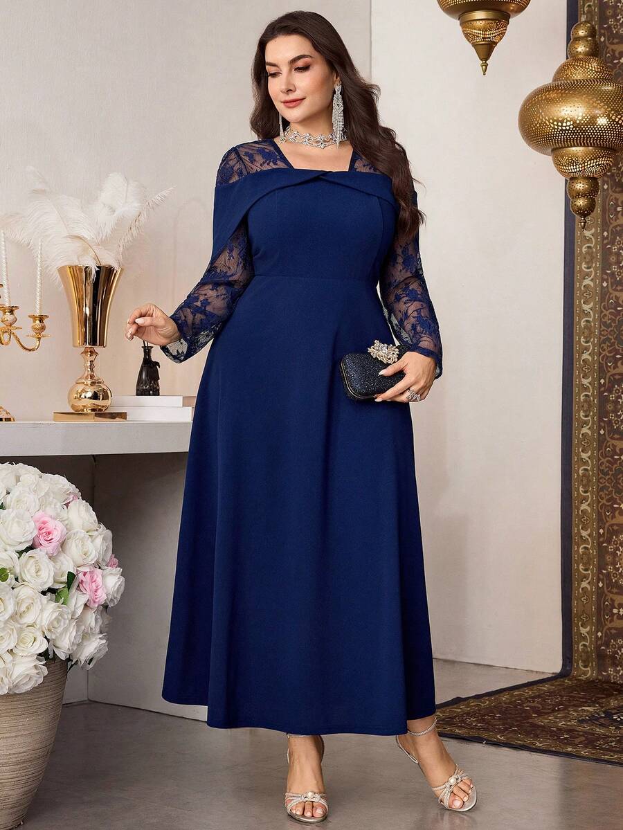 SHEIN Modelyn فستان للمقاسات الكبيرة بلون أزرق بأكمام طويلة وخصر مفصل