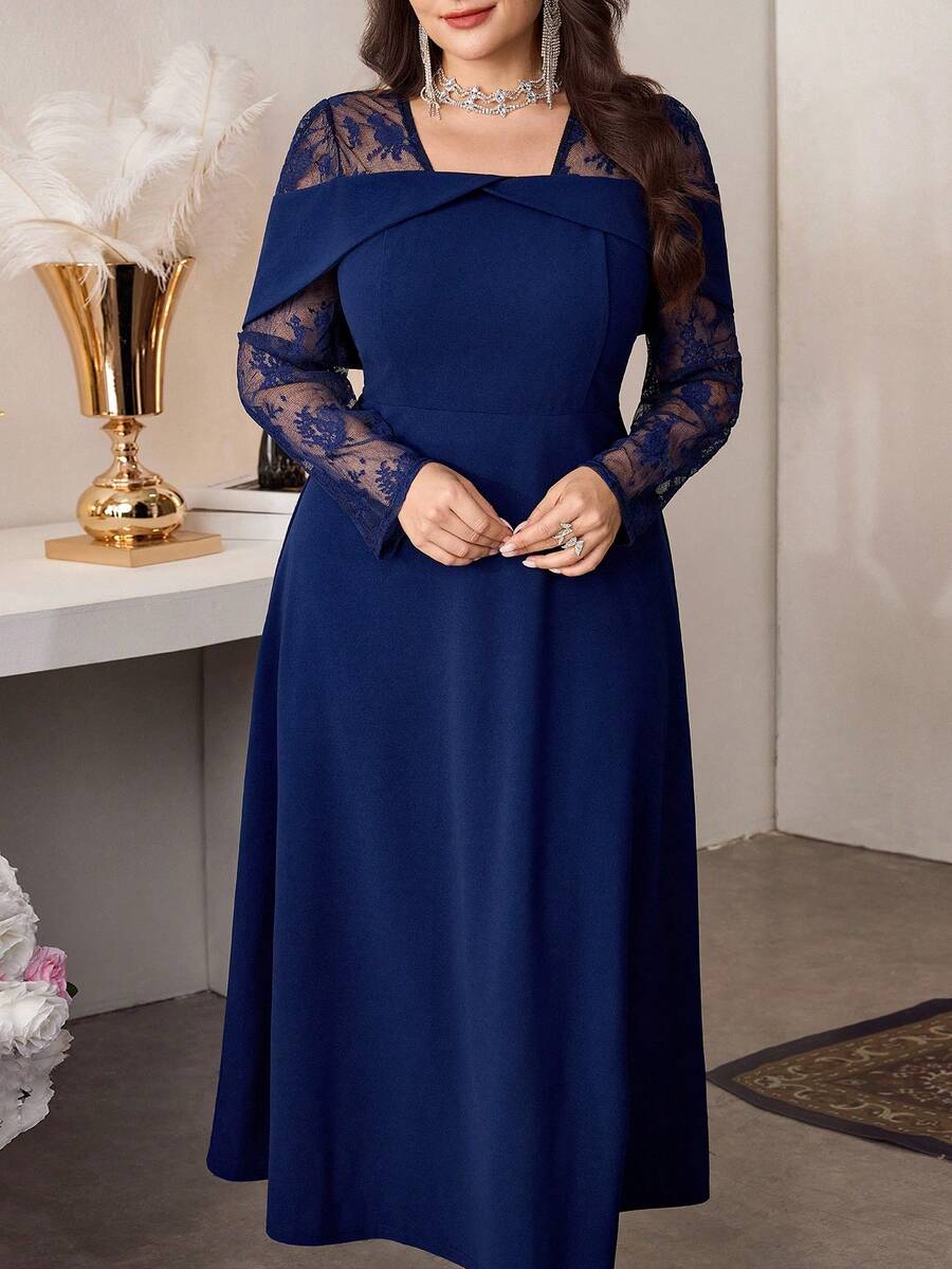 SHEIN Modelyn فستان للمقاسات الكبيرة بلون أزرق بأكمام طويلة وخصر مفصل