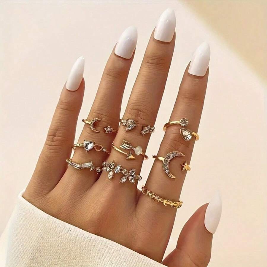 SHEIN مجموعة خواتم كريستالية مكونة من 9 قطع