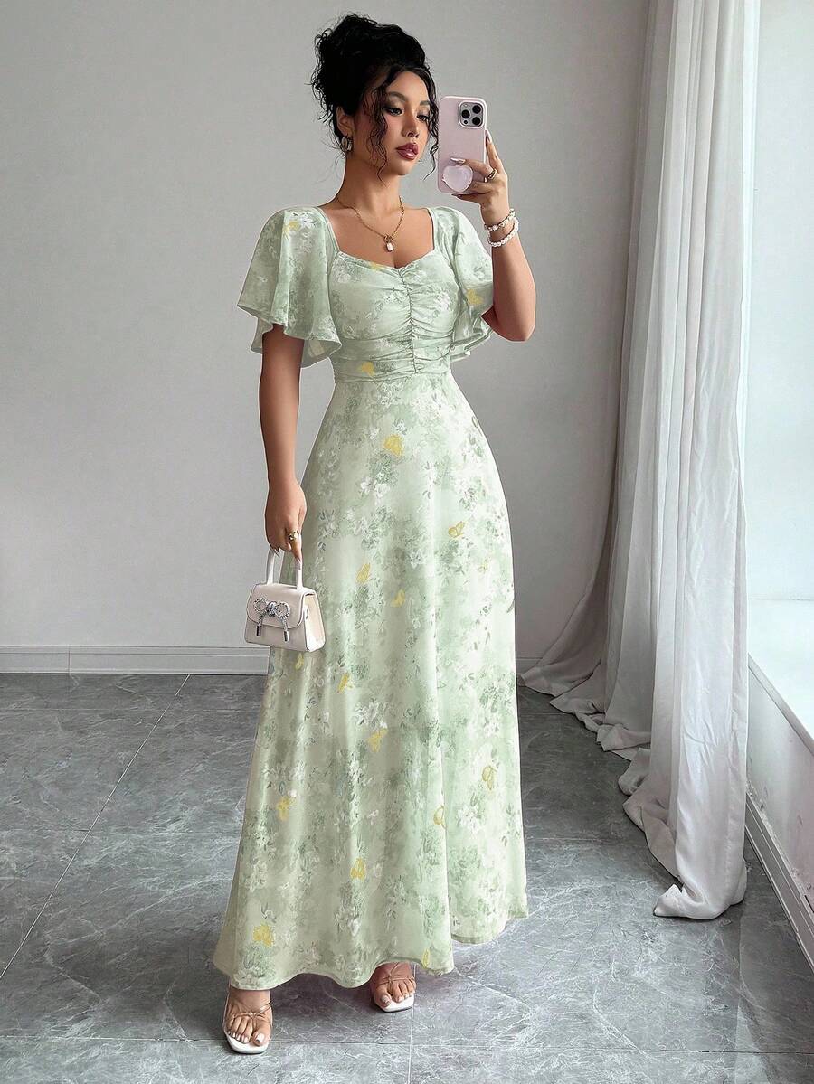 SHEIN Modelyn فستان شيفون بنقشة منقطة وأكمام واسعة وحاشية مطوية
