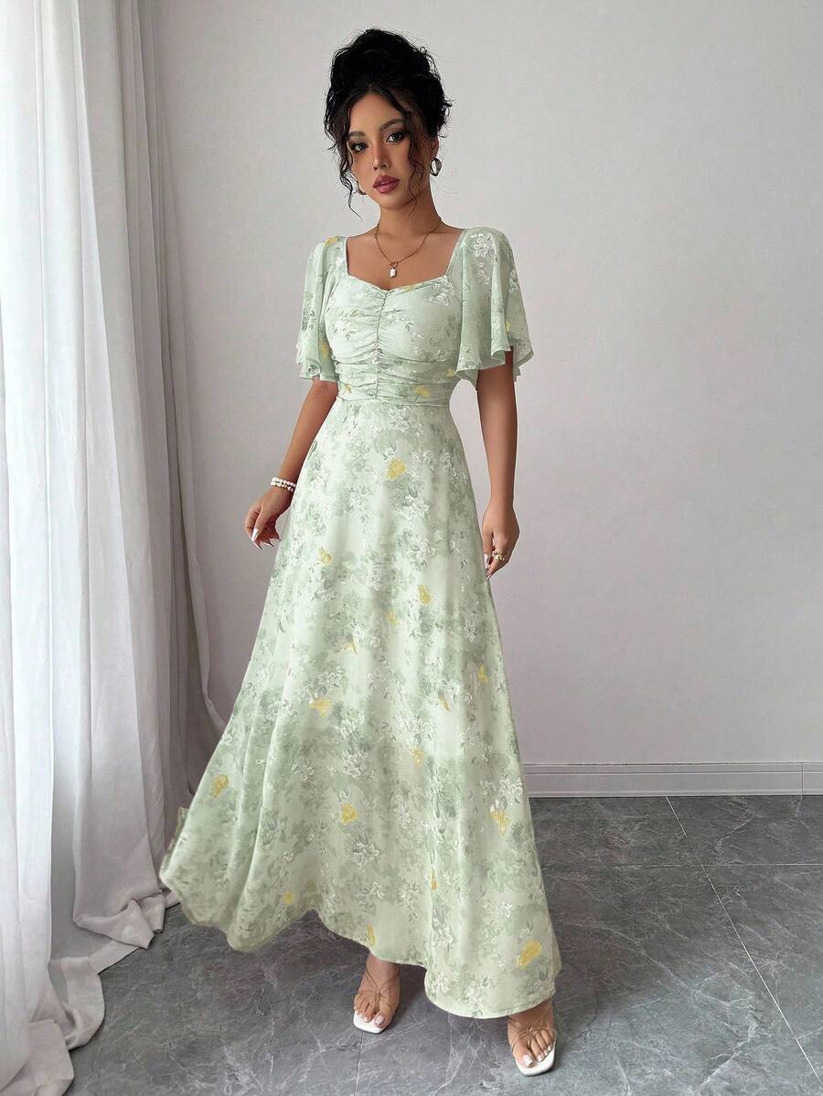 SHEIN Modelyn فستان شيفون بنقشة منقطة وأكمام واسعة وحاشية مطوية