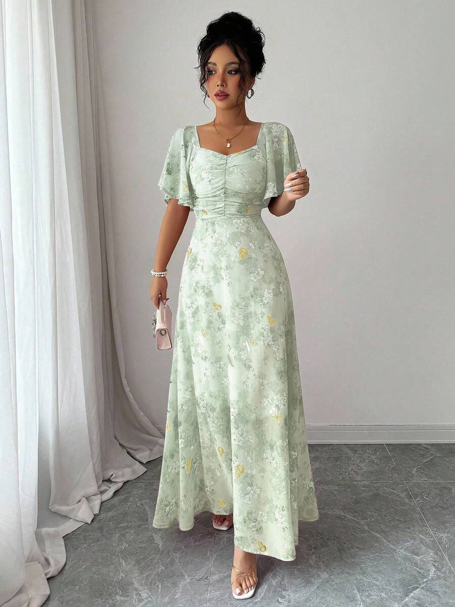 SHEIN Modelyn فستان شيفون بنقشة منقطة وأكمام واسعة وحاشية مطوية