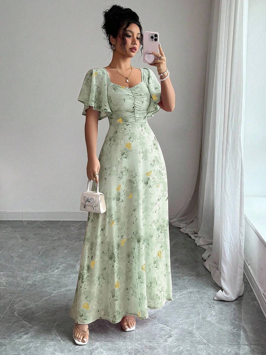 SHEIN Modelyn فستان شيفون بنقشة منقطة وأكمام واسعة وحاشية مطوية