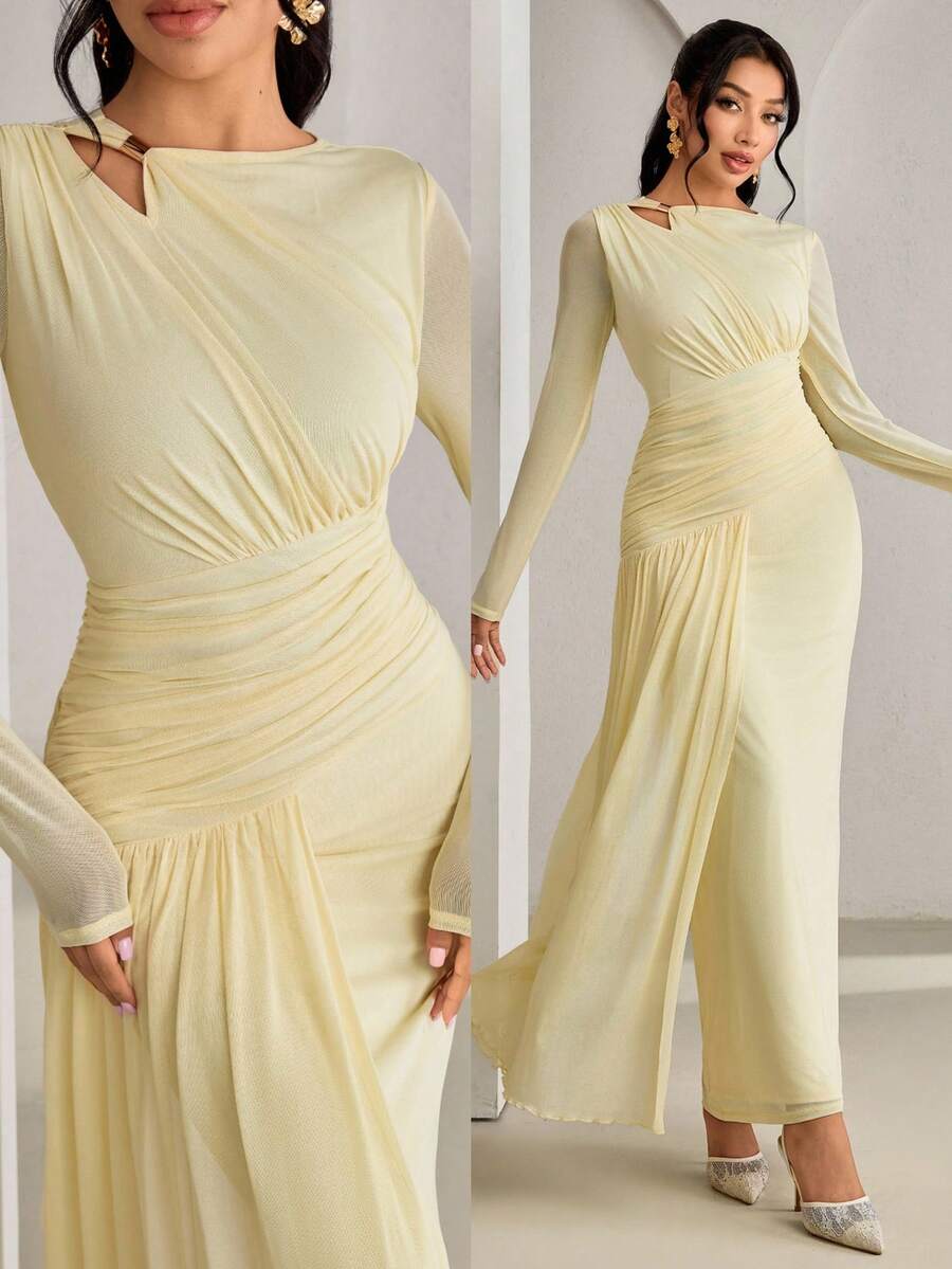 SHEIN فستان أنيق بخصر مربوط بلون أوزة صفراء
