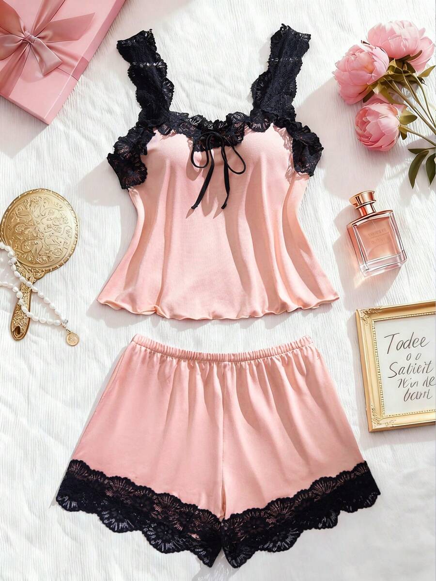 SHEIN طقم لانجري قطعتين بتطريز دانتيل وتوب مكشكش