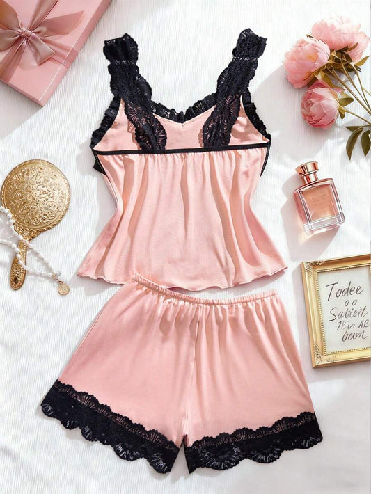 SHEIN طقم لانجري قطعتين بتطريز دانتيل وتوب مكشكش
