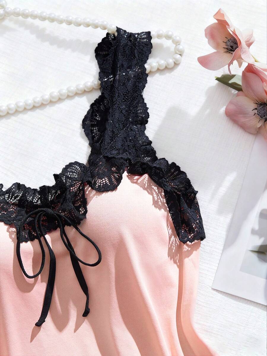 SHEIN طقم لانجري قطعتين بتطريز دانتيل وتوب مكشكش
