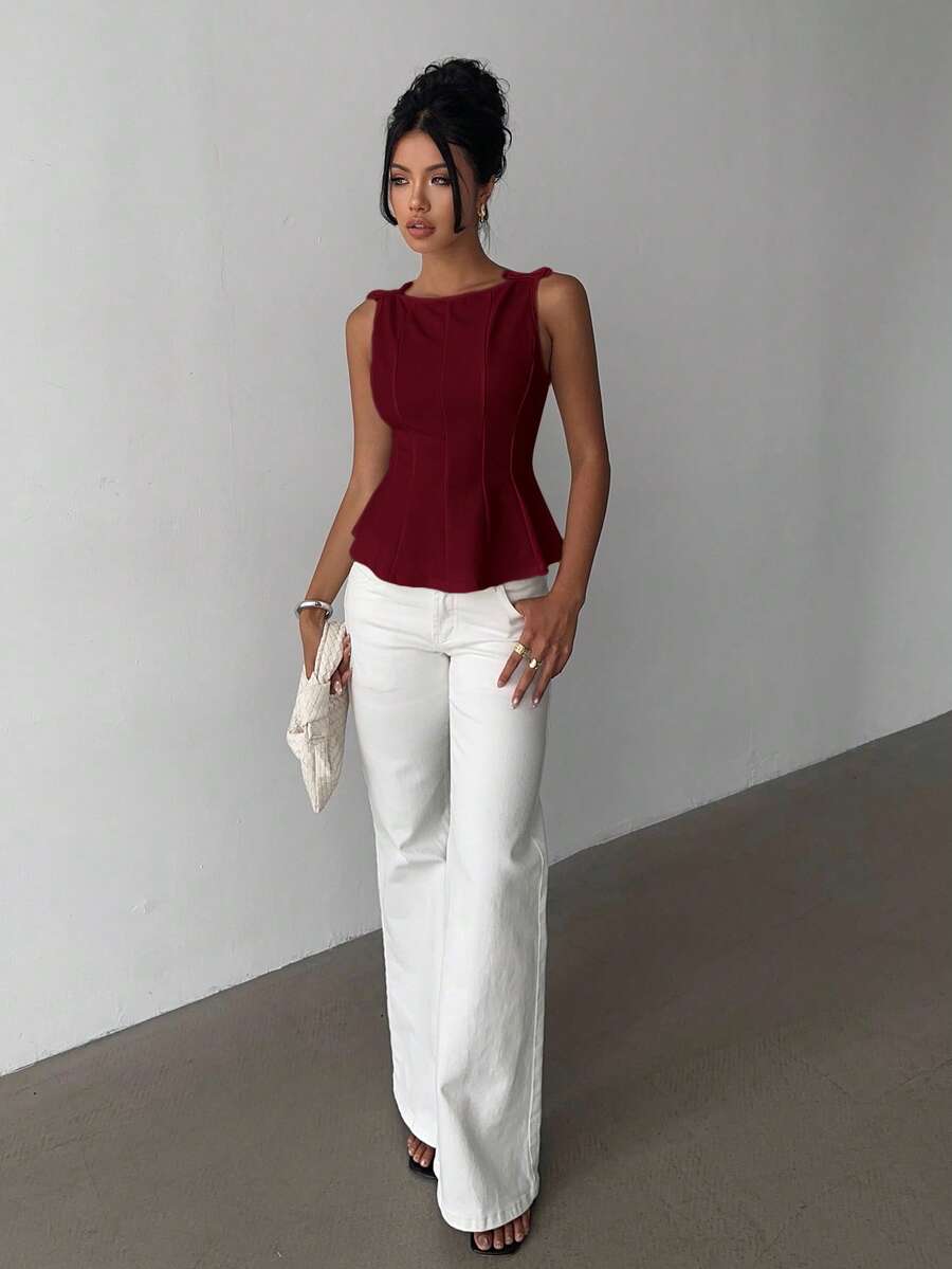 SHEIN Aloruh بلوزة أنيقة بدون أكمام بتصميم بسيط بلون عنابي