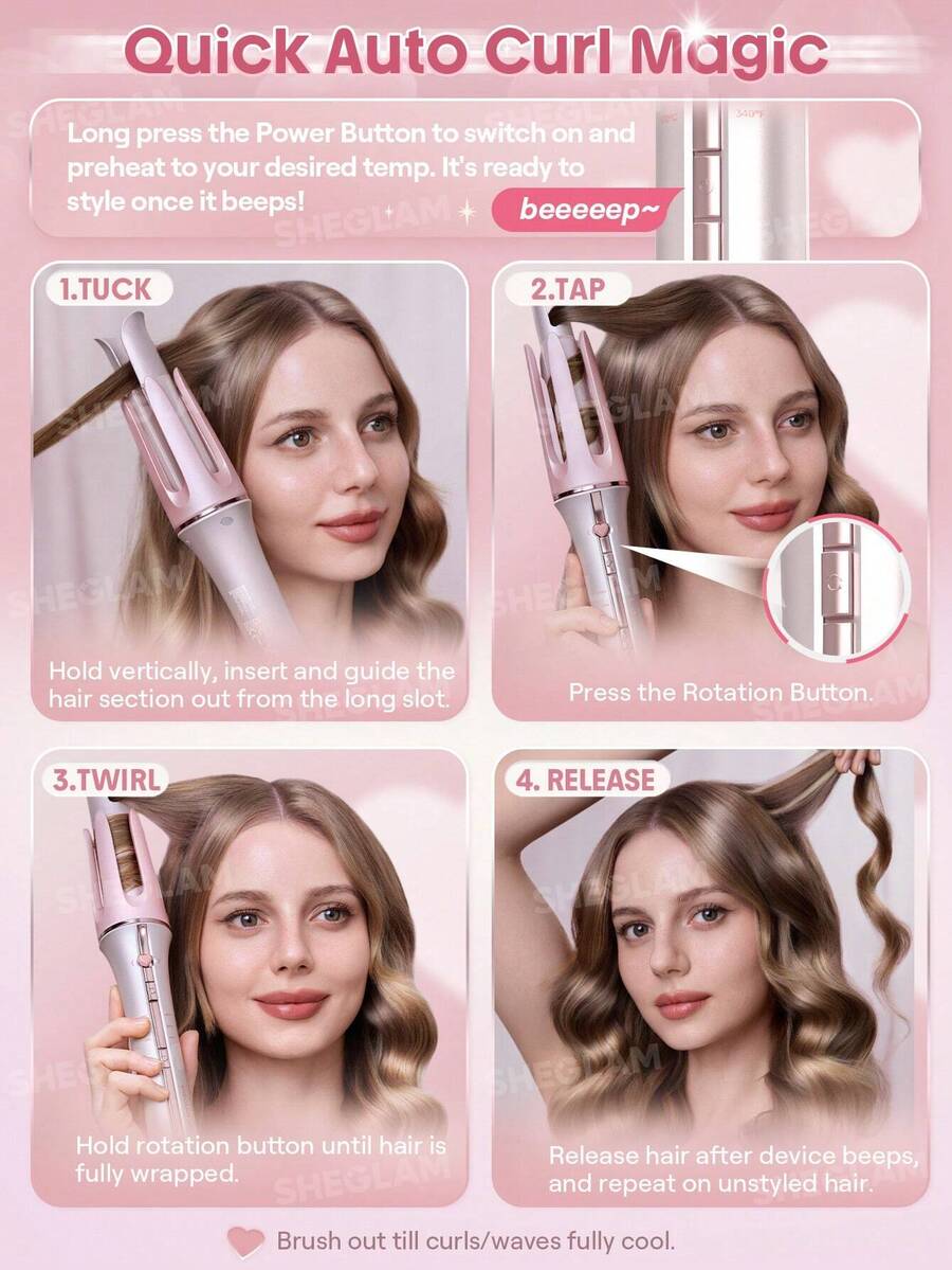 SHEGLAM HAIR مكواة تجعيد الشعر الأوتوماتيكية مع 3 درجات حرارة تجعيد سريع