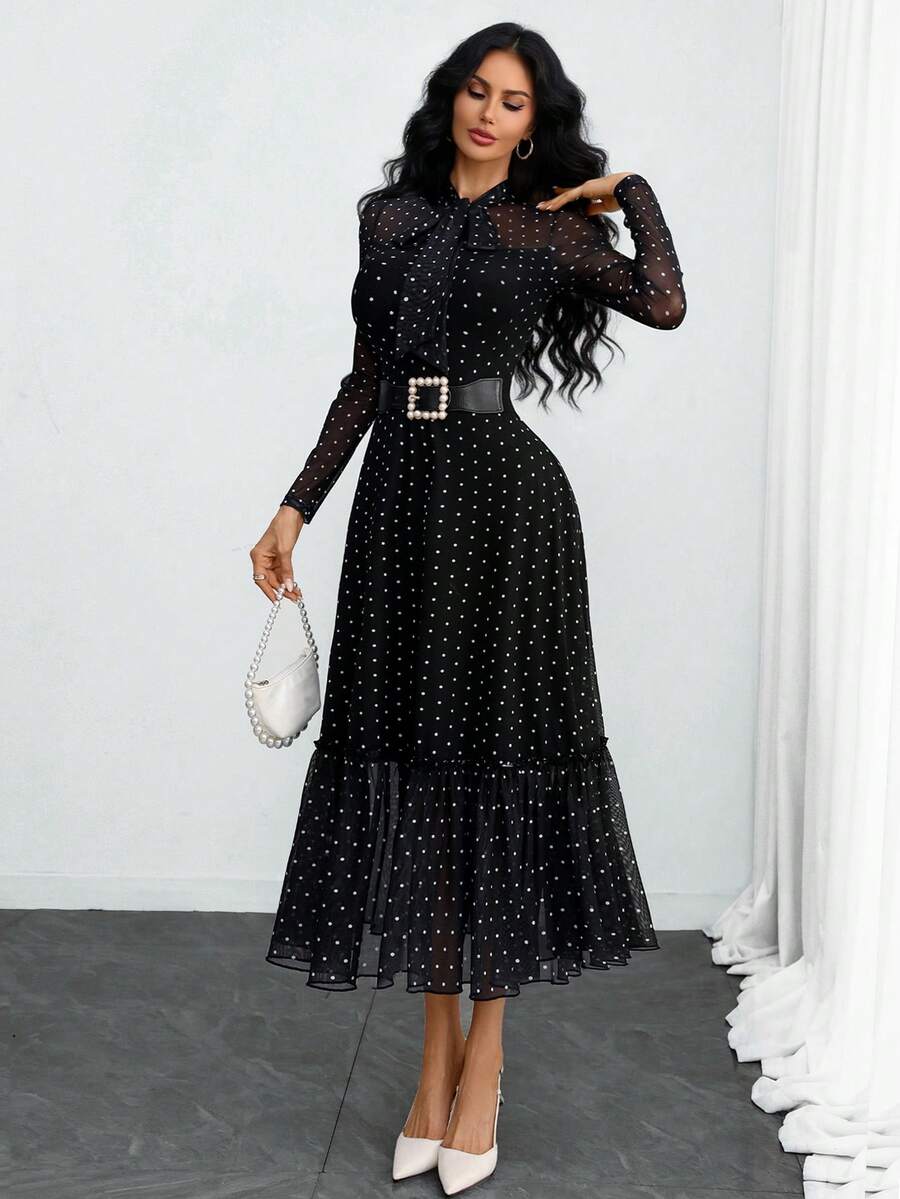 SHEIN فستان أسود أنيق بنقشة نقاط