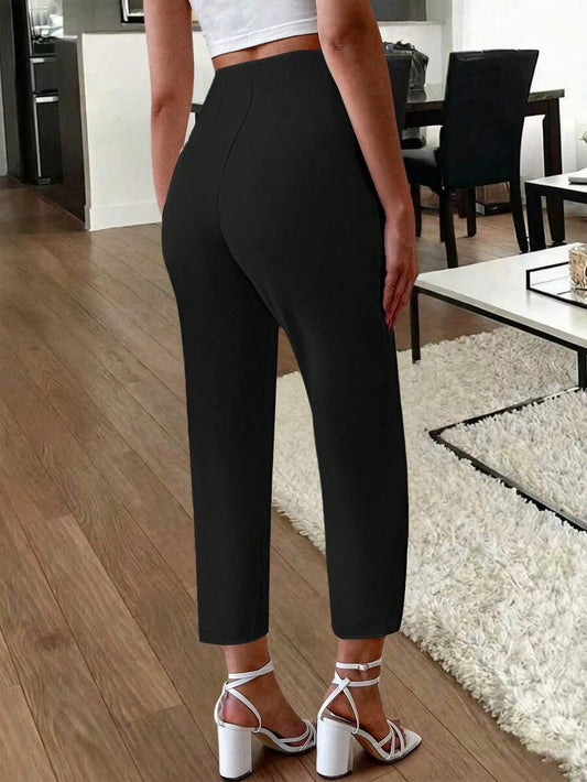 SHEIN بنطلون أسود ضيق بجيوب جانبية مطوية بتصميم أنيق وكاجوال