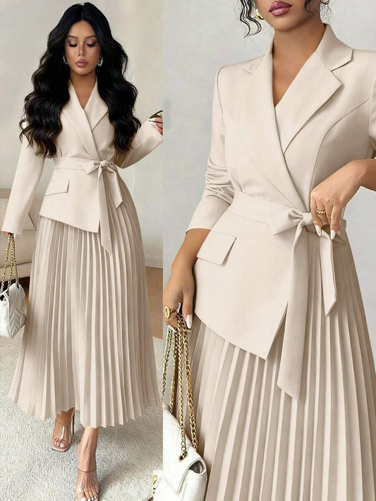 SHEIN Rafferiza فستان كاجوال بياقة بليزر وخصر مربوط وتنورة مطوية