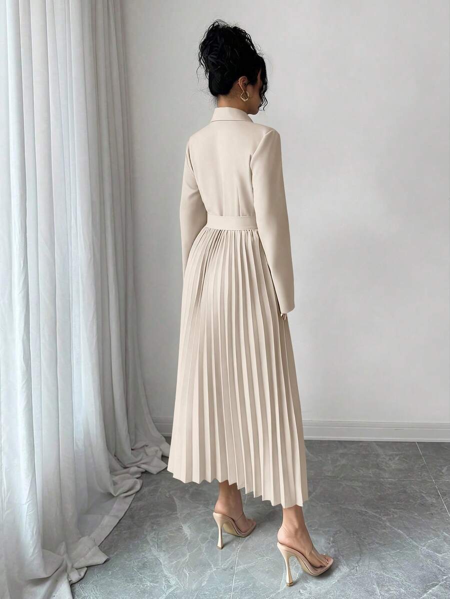 SHEIN Rafferiza فستان كاجوال بياقة بليزر وخصر مربوط وتنورة مطوية