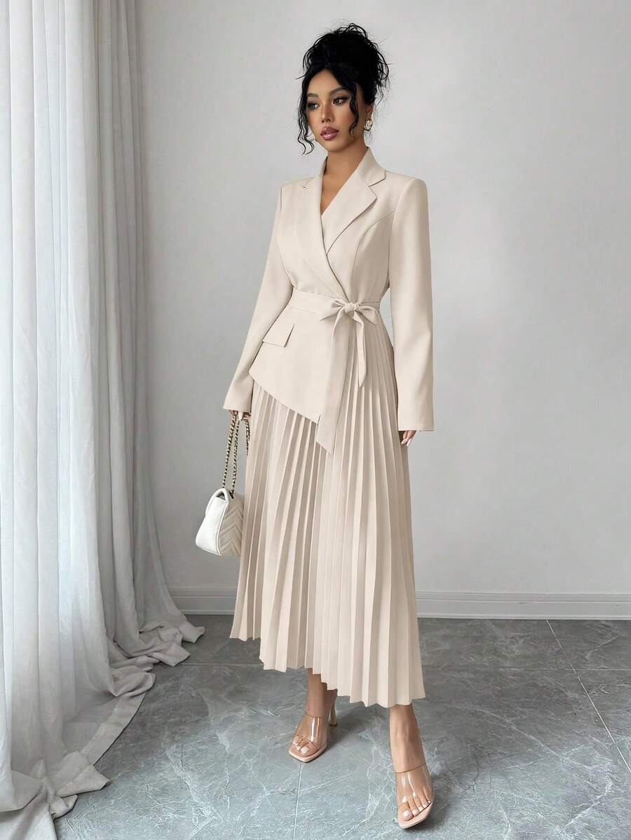 SHEIN Rafferiza فستان كاجوال بياقة بليزر وخصر مربوط وتنورة مطوية