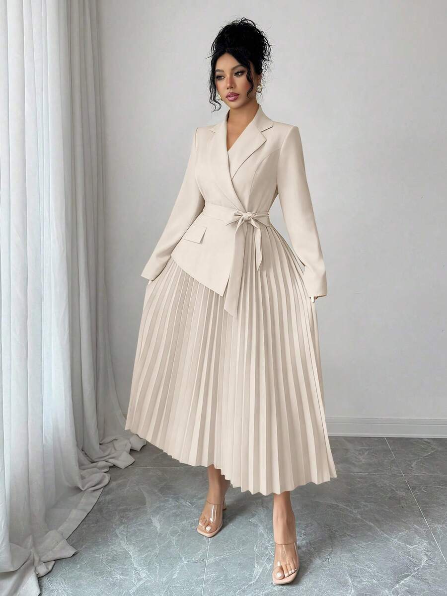 SHEIN Rafferiza فستان كاجوال بياقة بليزر وخصر مربوط وتنورة مطوية