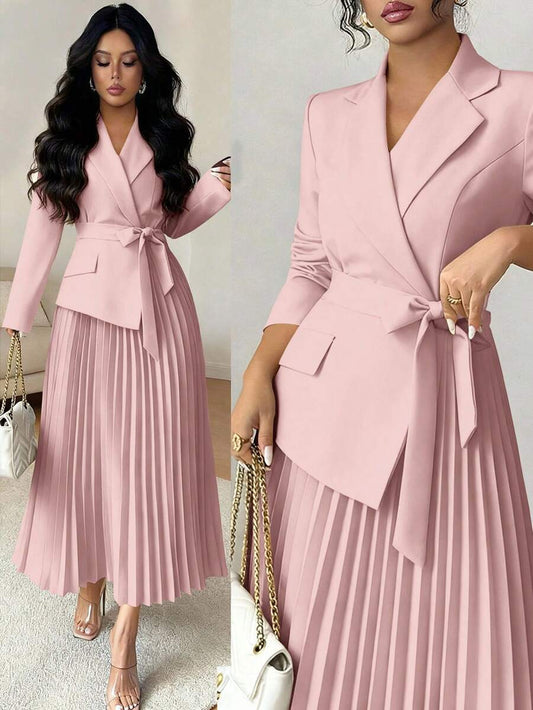 SHEIN Rafferiza فستان وردي متوسط الطول بياقة بليزر وخصر مربوط