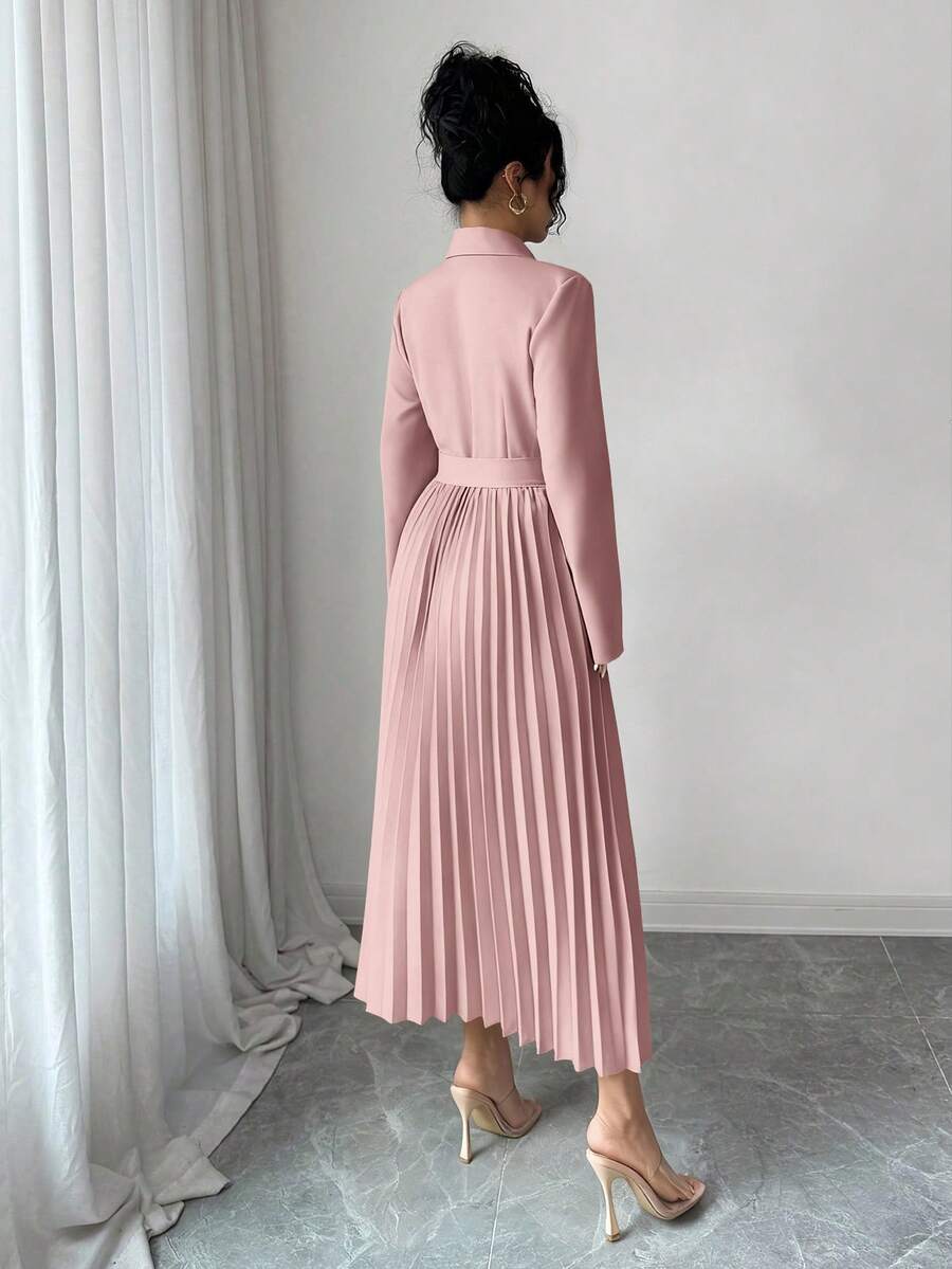 SHEIN Rafferiza فستان وردي متوسط الطول بياقة بليزر وخصر مربوط