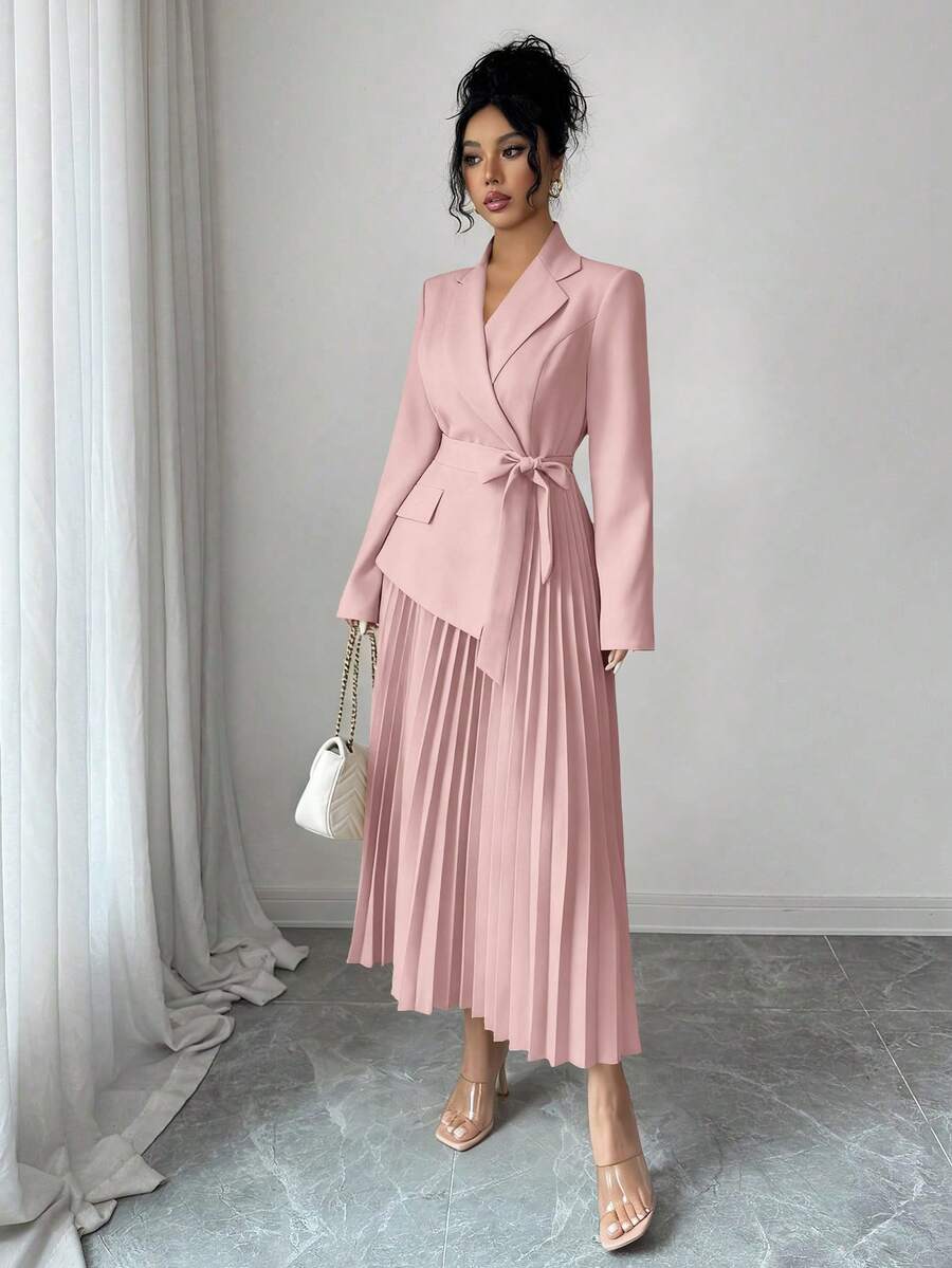 SHEIN Rafferiza فستان وردي متوسط الطول بياقة بليزر وخصر مربوط