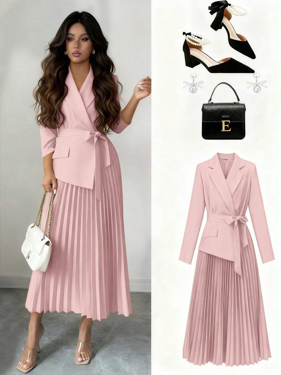 SHEIN Rafferiza فستان وردي متوسط الطول بياقة بليزر وخصر مربوط